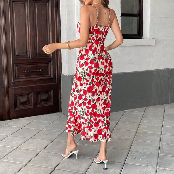 Red Boho Women's Elegant Floral Rose Print Sleeveless Dress - Picture 2 of 7